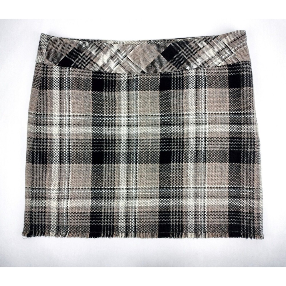 Eddie Bauer A Line Brown Plaid Skirt Wool Blend Fringed Lined Womens Size 16